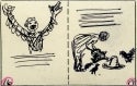 Storyboard sketches for The High-Flying Hat by Nanda and Lynd Ward, showing a person with their arms raised on the left, and someone watering the hat with a watering can on the right