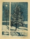 Christmas card, showing two snow covered trees out a window