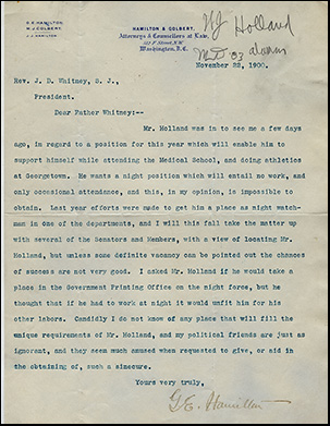 Letter from George E. Hamilton, Dean of the Law School, to John D. Whitney, S.J., University President dated December 22, 1900
