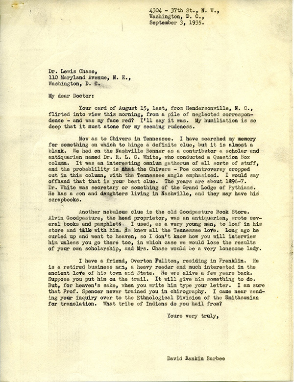 Letter from David Rankin Barbee to Lewis Chase