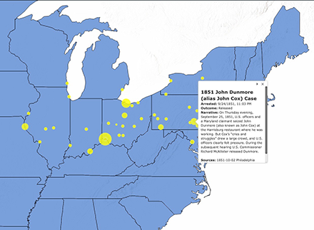 A map of the northeast United States, showing the locations of events related to the fugitive slave law of 1850