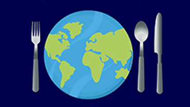 An illustration of the globe positioned as a plate between a fork to its left and a spoon and knife to its right on a dark blue background.