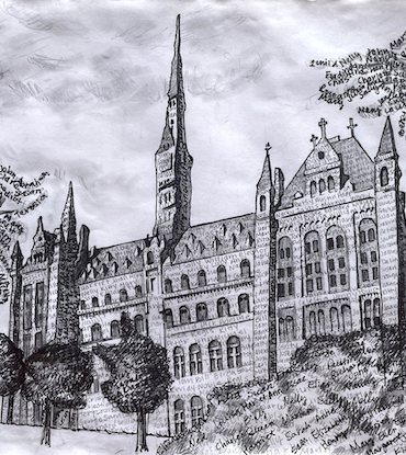 Black and white drawing of Healy Hall on the campus of Georgetown University