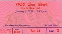 a Sun Bowl ticket stub from 1950. the ticket stub is pink and has red and blue printed text.