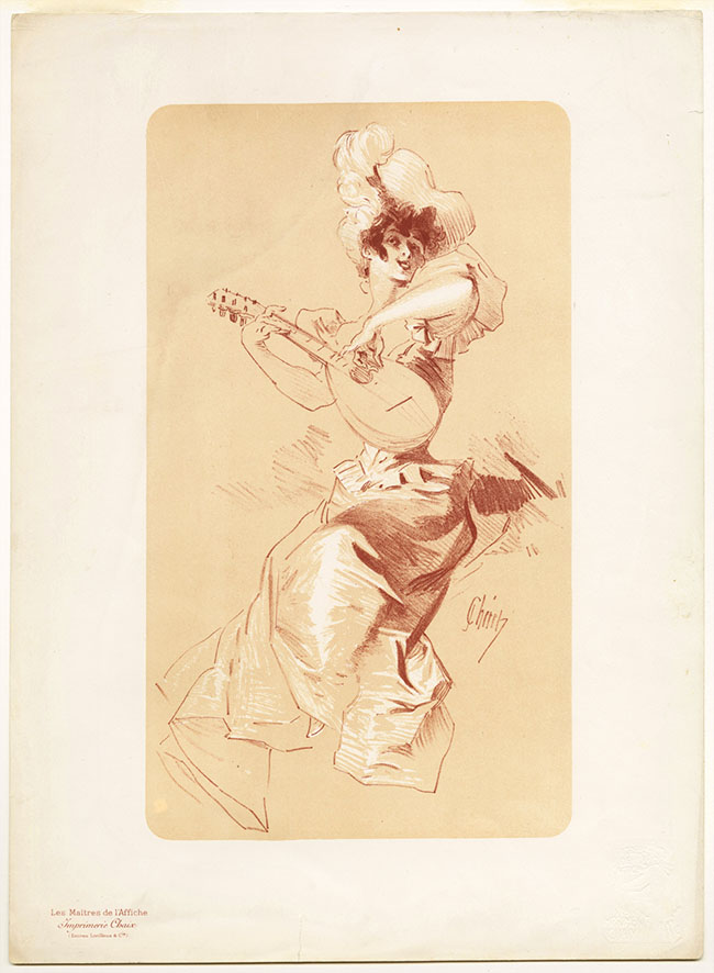 artistic lithograph of a smiling woman playing a mandolin after conservation treatment