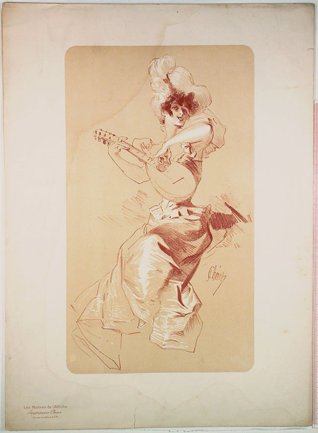 water stained artistic lithograph of a smiling woman playing a mandolin before conservation treatment