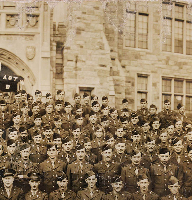 photograph of army cadets in front of Healy Hall after conservation treatment