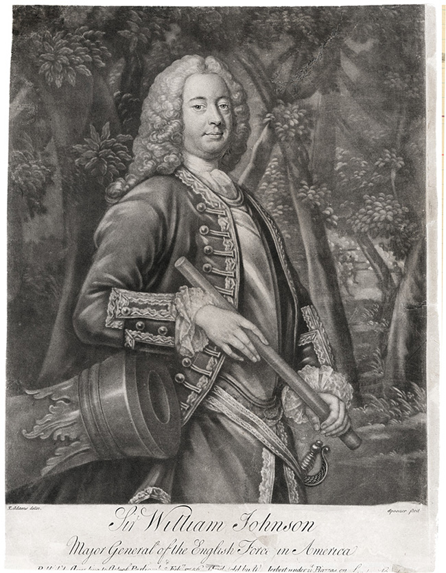 mezzotint engraving of a man in military uniform standing next to a cannon after conservation treatment