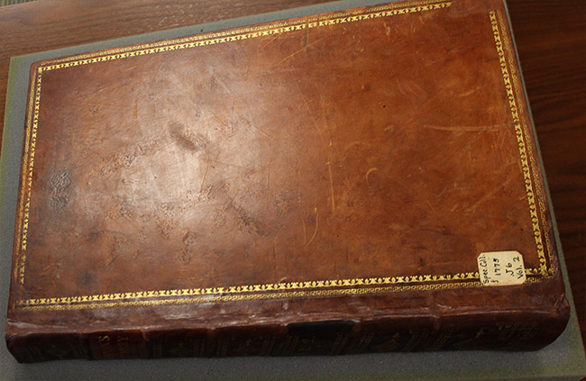 upper cover of book with calf leather and gold decorations after conservation treatment