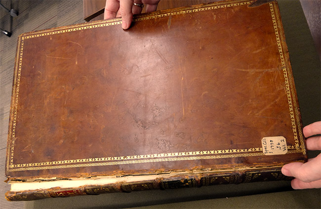 upper cover of book with calf leather and gold decorations before conservation treatment