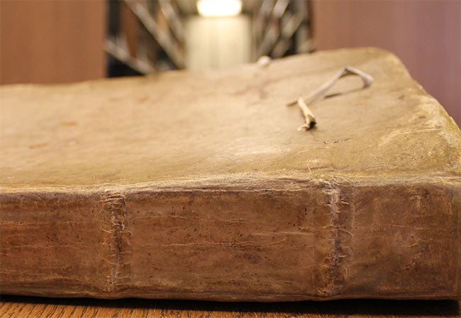 book spine with parchment covering after conservation treatment