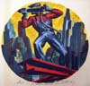 The serigraph Steel a.k.a. Riveter, a worker in overalls balances on a steel beam drives rivets with a large rivet gun, with a backdrop of towering skyscrapers and a yellow sky