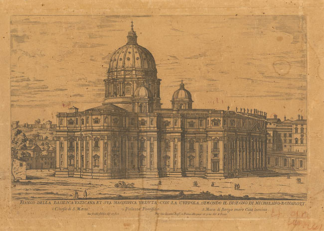 brown and stained engraving of a domed church before conservation treatment