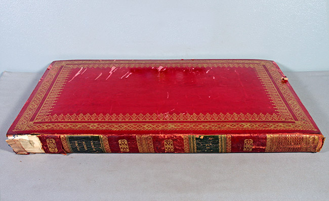 book with red leather binding before conservation treatment