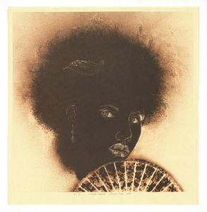 This shows a close-up view of a woman's face. She holds a fan and has a snake in her hair.