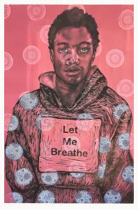 A boy wears a hoodie with "Let Me Breathe" written on it. The background is covered in a pink sheen with luminescent blue dots.
