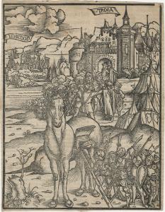 In the foreground, soldiers in armor climb inside of a large horse through a hatch. Behind them, a city is labeled "Troia" and a crowd is gathered.