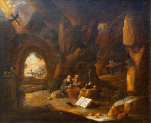 Two men with long white beards sit in a cave surrounded by a variety of devotional objects, including a cross, human skull, and book. In the upper right corner of the cave, a golden ray of light is visible, a long with a bird carrying a loaf of bread.