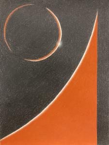 Drawing with a black background and a circular object like the sun being eclipsed in the upper lefthand corner. A ramp-like structure in orange is in the foreground in the righthand corner.