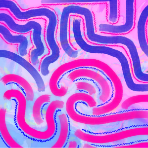 periwinkle blue and pastel pink tye-die background with a lot of thick navy blue lines extending upwards curving and bumping reaching towards thick neon pink lines curving and folding downwards to the navy blue lines. There are tiny navy blue lines zig zagging along the thick neon pink lines and there are tiny neon pink lones zig zagging along the thick navy blue lines.