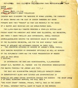 Press release describing the Duke Ellington and his Orchestra concert in Amman,  Jordan, 1963.