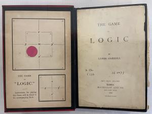 Open book, with a series of squares and circles on the left page indicating a game, and the title page on the right stating "the game of logic"