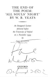 Flyer for a lecture by Paul Muldoon called "The end of the Poem: "All Soul's Night" by W. B. Yeats
