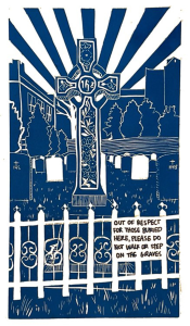 Linocut block print of a large gravestone with rays of blue and white spreading up to the sky. A fence borders the cemetery and smaller headstones have Jesuit symbolism.