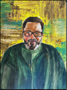 Color oil painting of a black man with glasses and a beard with a judges robe.