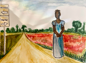 Watercolor painting of a young black woman in a blue dress standing on a country road. Fields of red and green trees are in the background. A right arrow points to Arboro and a left arrow sign points to Fayetteville