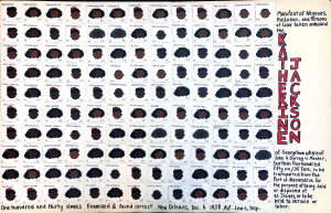 A large poster with small drawings of black men, women and children arranged in 10 rows with 13 people in each row