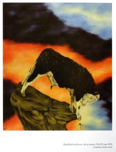 Painting of a cow standing on a rock against a blue, black, and orange sky
