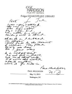 Handwritten poem by Paul Muldoon titled "Pelt" written for Joseph M. Hassett