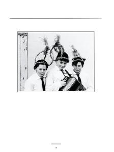 Picture of 3 boys wearing hats that have large braided triangles on them in a peak design