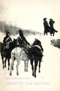 Book cover with 2 men riding horses and a third horse with no rider, two men walking in distance. Book title "Meeting the British" by Paul Muldoon