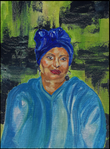 Color oil painting of a black woman with a blue hair wrap.