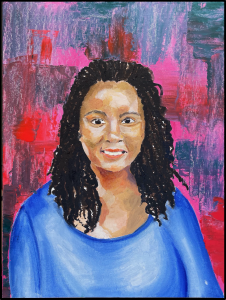 Color oil painting of a black woman with long hair wearing a blue top.