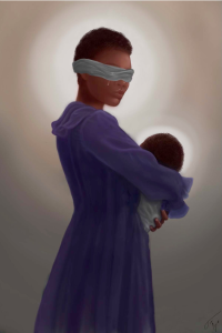A black woman holding a baby. She's wearing a blue dress and she has a blindfold over her eyes. Both her head and her baby's head appear to have a halo