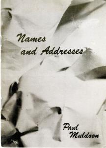 Book cover with title "Names and Addresses" by Paul Muldoon