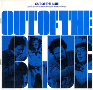 Book Cover "Out of the Blue" with images of Paul Muldoon and James Simmons behind the title