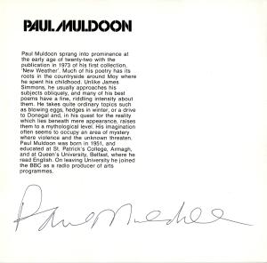 Brief biography of Paul Muldoon, signed by Paul Muldoon