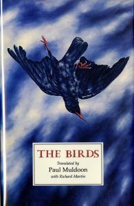 Book cover with title "The Birds" by  Paul Muldoon. Image of a blackbird falling from the sky