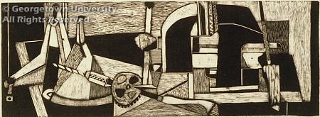 Wood engraving of a still life scene with a vise and other pieces of hardware.