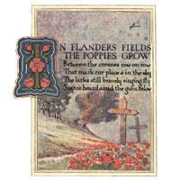 Illustrated poem In Flanders Fields, showing a row of crosses with blooming poppy flowers