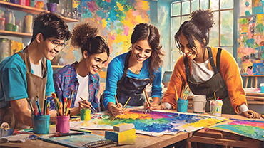 four people smiling and painting in a colorful display