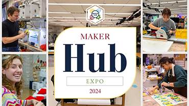 several pictures of people in the maker hub working on projects