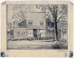 A country store with two figures out front, a barber shop next door. Etching by Hirst Dillon Milhollen dated 1934.