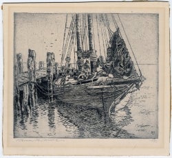 A docked sailboat with the nae Winnie H. Winsor on the prow. Original etching by Benson Bond Moore.
