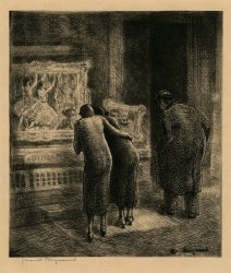 Two women peering in the window of an art gallery, c. 1937. their backs to viewer. A male to the right looks over at them. Original etching by Grant Reynard,