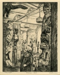 A woman peering up at Native American totems in an ethnographic museum.. Original etching by Mortimer Bourne, c. 1934.